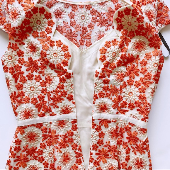 MUSE sz 2 Embroidered Floral Orange Sheath Dress Scalloped Back - Picture 9 of 17